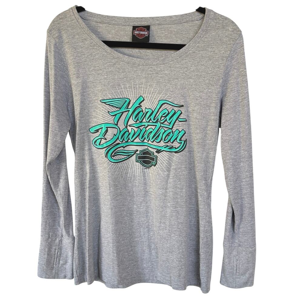Harley Davidson Fitted Long Sleeve Gray Tee Teal Graphic Biker Motorcycle Medium